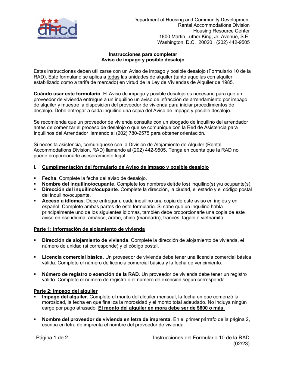 Instrucciones para RAD Formulario 10 Aviso De Impago Y Posible Desahucio - Washington, D.C. (Spanish), Page 1