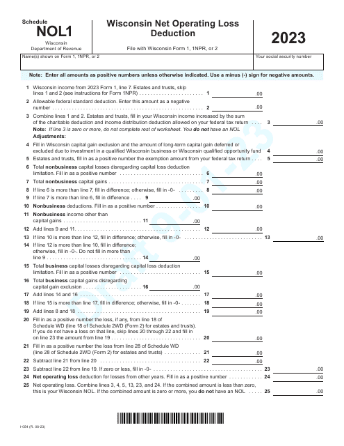 Form I-054 Schedule NOL1 Wisconsin Net Operating Loss Deduction - Wisconsin, 2023