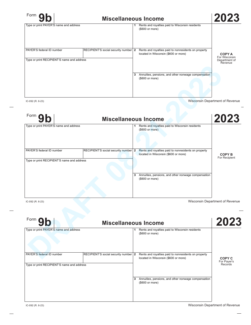 Form 9B (IC-092) Miscellaneous Income - Draft - Wisconsin, Page 1
