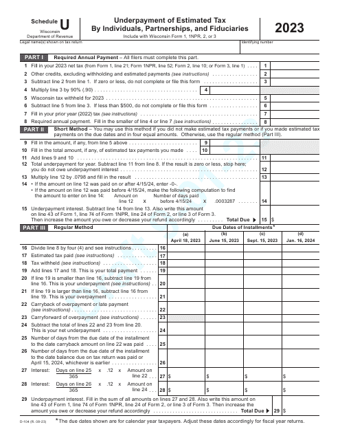 Form D-104 Schedule U Underpayment of Estimated Tax by Individuals, Partnerships, and Fiduciaries - Draft - Wisconsin, 2023