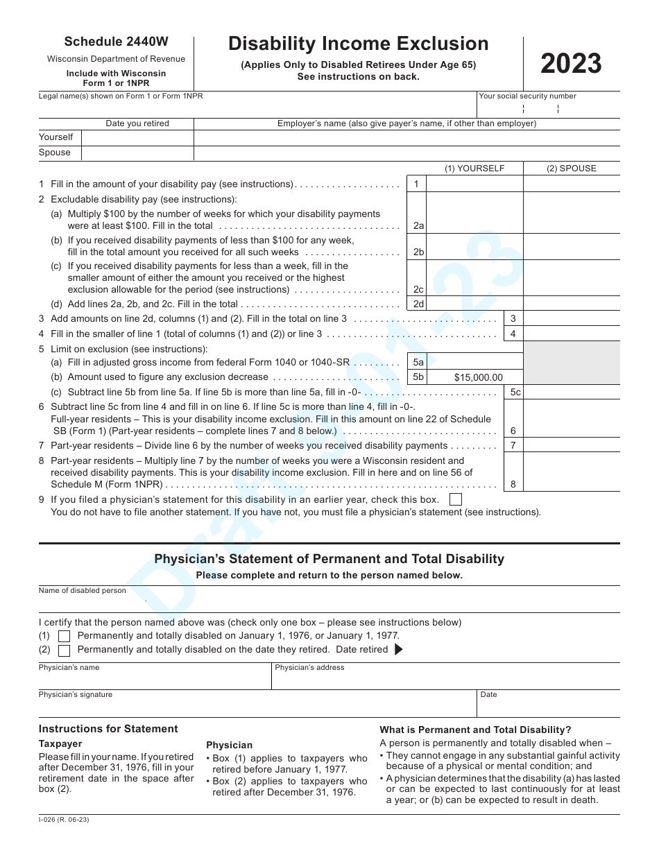 Form I-026 Schedule 2440W Disability Income Exclusion - Draft - Wisconsin, Page 1