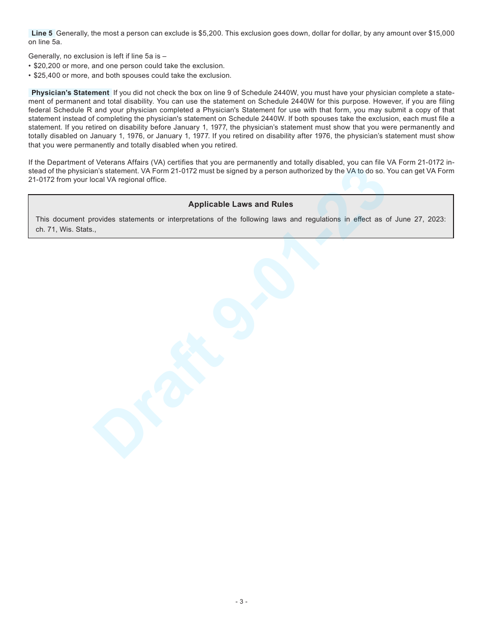 Form I-026 Schedule 2440W Disability Income Exclusion - Draft - Wisconsin, Page 3