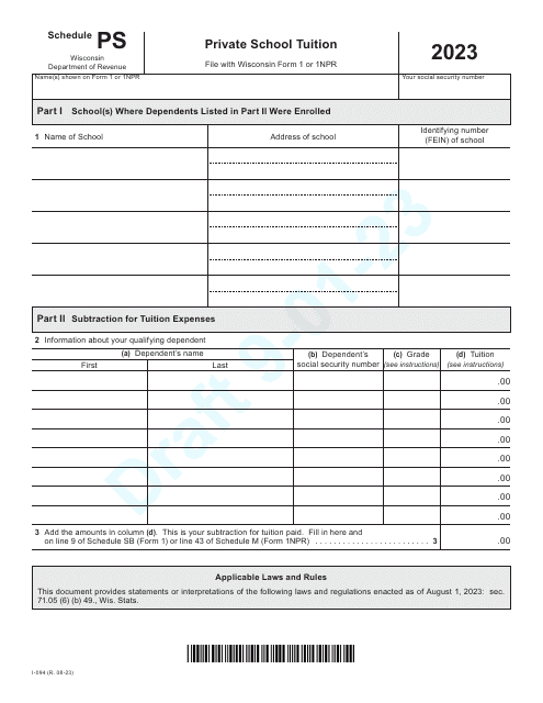 Form I-094 Schedule PS Private School Tuition - Draft - Wisconsin, 2023
