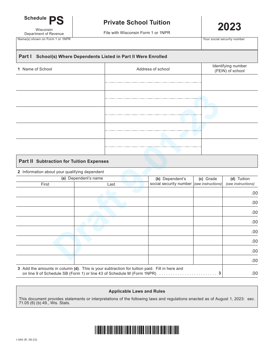 Form I-094 Schedule PS Private School Tuition - Draft - Wisconsin, Page 1