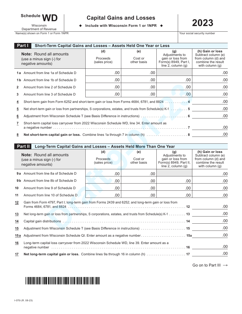 Form I-070I Schedule WD Capital Gains and Losses - Draft - Wisconsin, Page 1