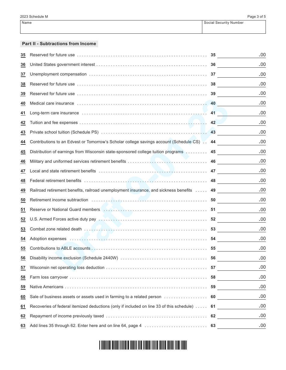 Form I-053 Schedule M Additions to and Subtractions From Income - Draft - Wisconsin, Page 3