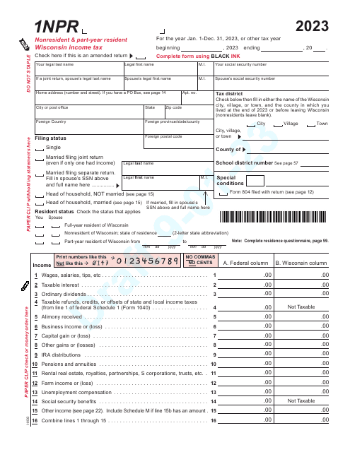 Form 1NPR (I-050) Nonresident and Part-Year Resident Income Tax Return - Draft - Wisconsin, 2023