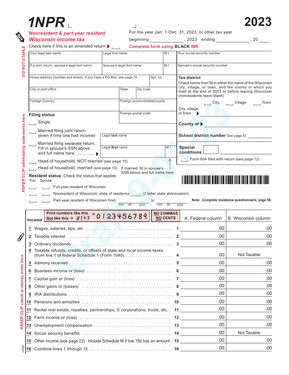 Form 1NPR (I-050) Nonresident and Part-Year Resident Income Tax Return - Draft - Wisconsin, Page 1