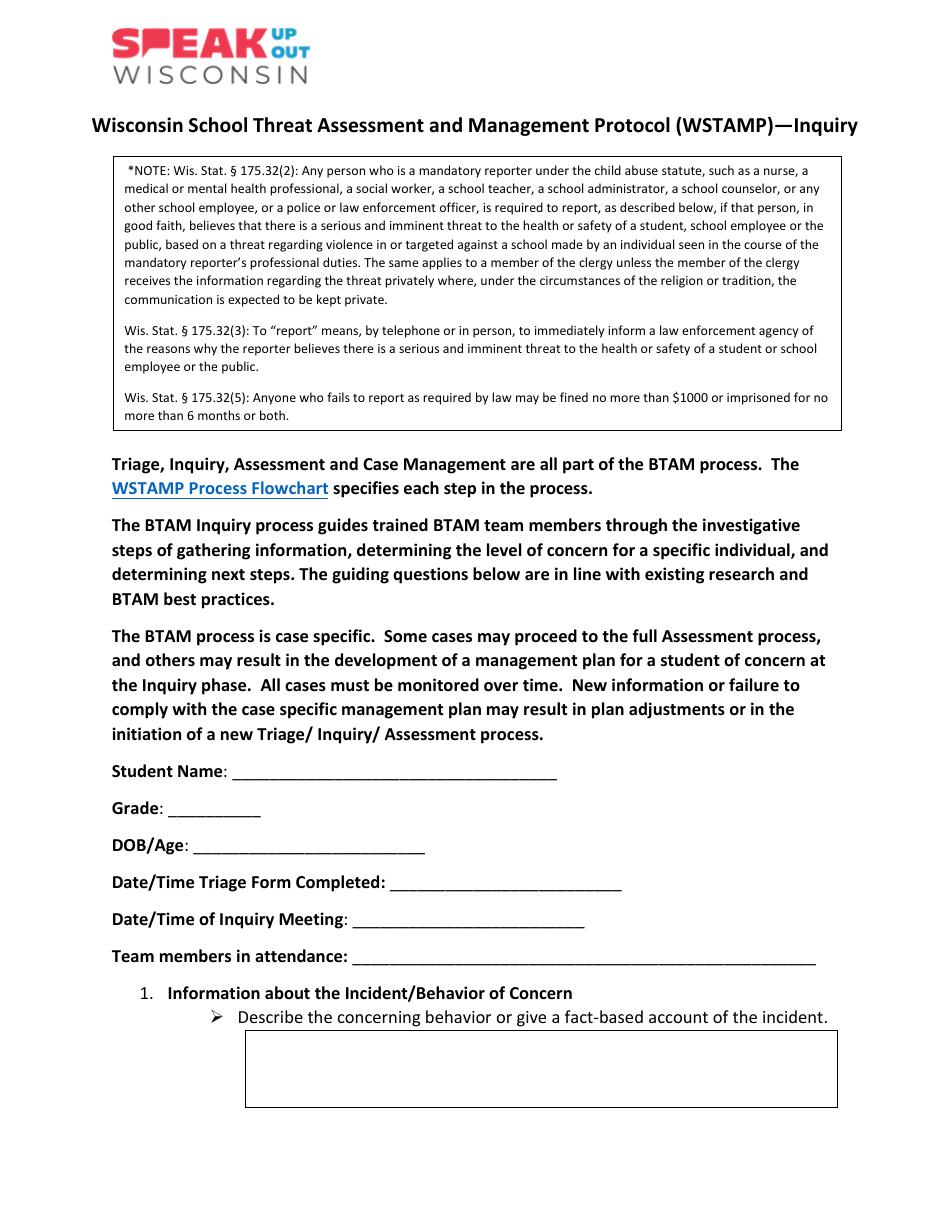 Wisconsin School Threat Assessment and Management Protocol (Wstamp) - Inquiry - Wisconsin, Page 1