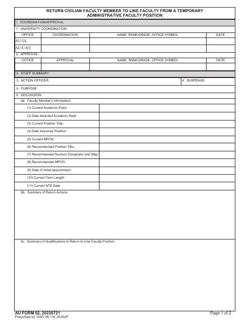 AU Form 62  Printable Pdf