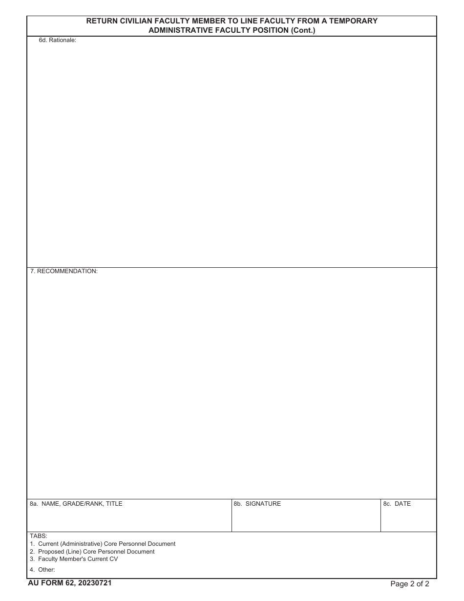 AU Form 62 Return Civilian Faculty Member to Line Faculty From a Temporary Administrative Faculty Position, Page 2