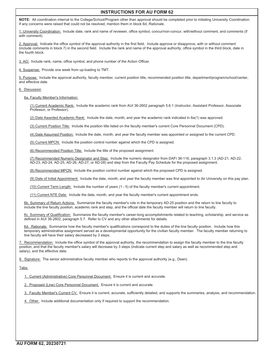 AU Form 62 Return Civilian Faculty Member to Line Faculty From a Temporary Administrative Faculty Position, Page 3