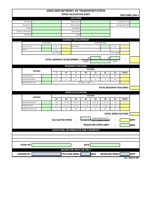 TEM Form 1296-1 Speed Calculation Sheet - Ohio