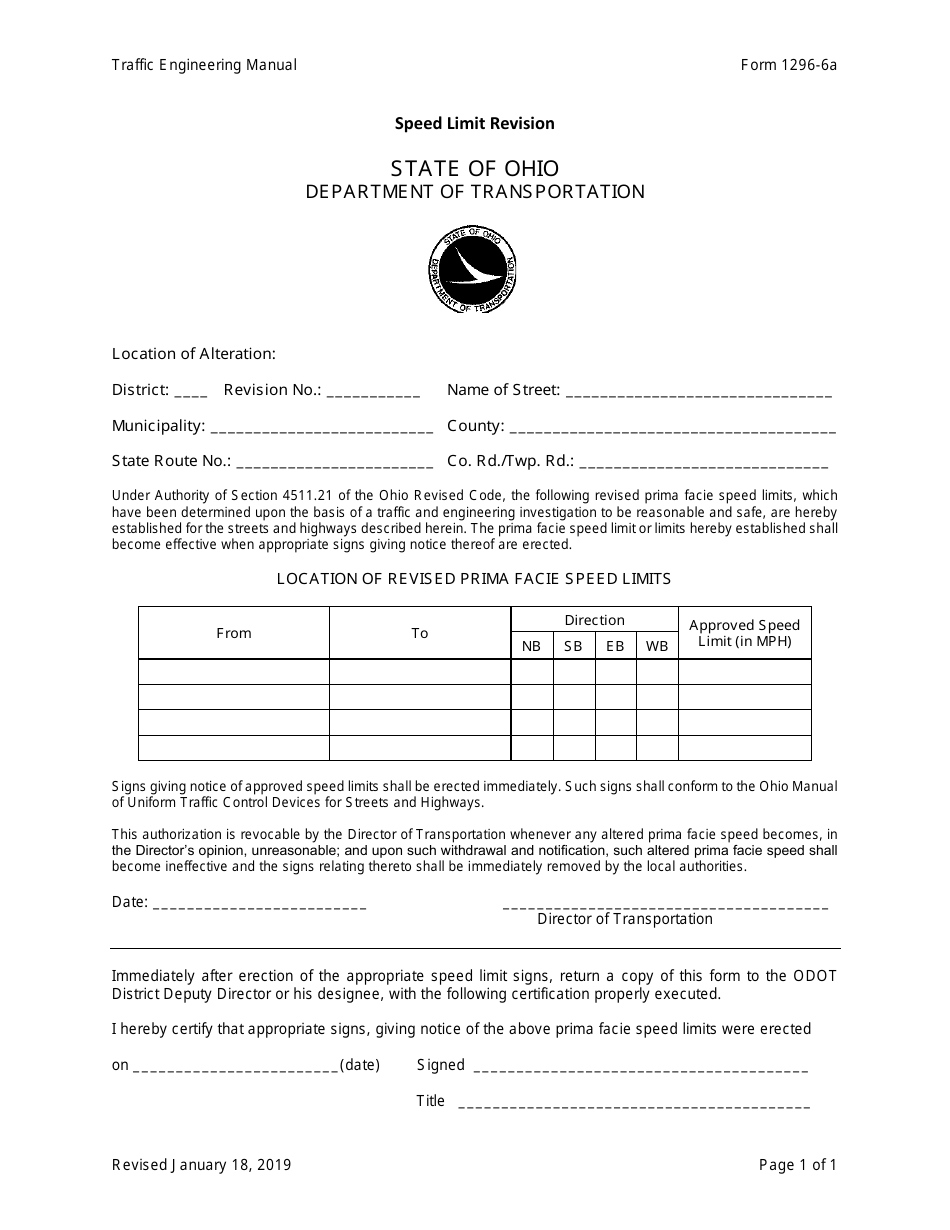 Form 1296-6A Speed Limit Revision - Ohio, Page 1