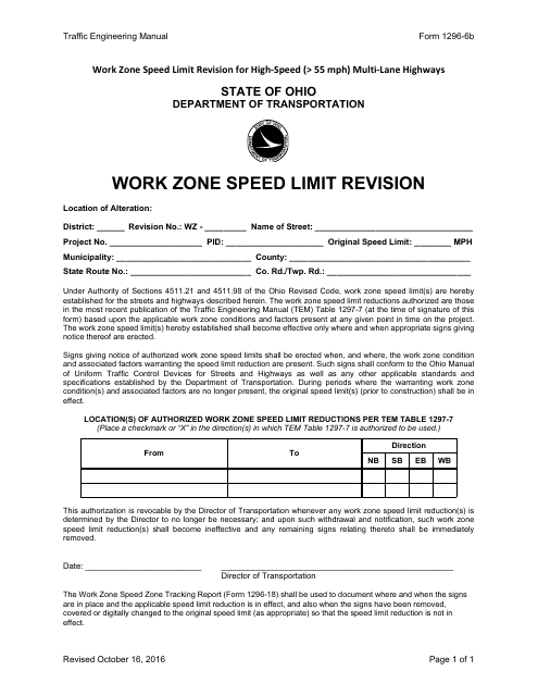 Form 1296-6B Work Zone Speed Limit Revision - Ohio