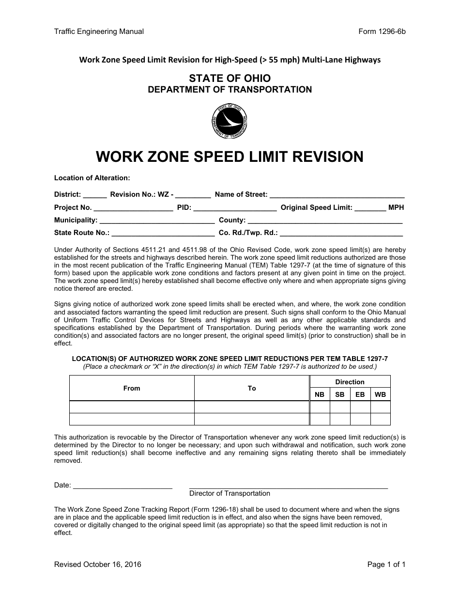 Form 1296-6B Work Zone Speed Limit Revision - Ohio, Page 1