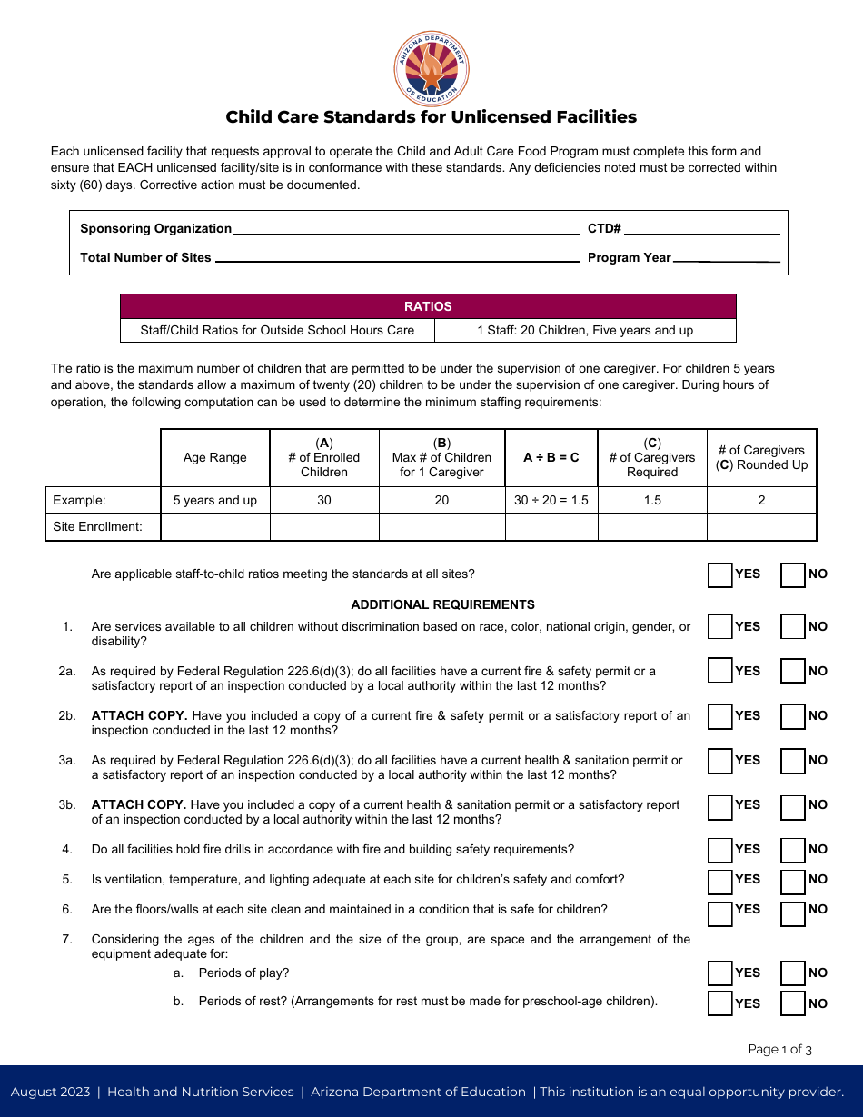 Arizona Child Care Standards for Unlicensed Facilities Download
