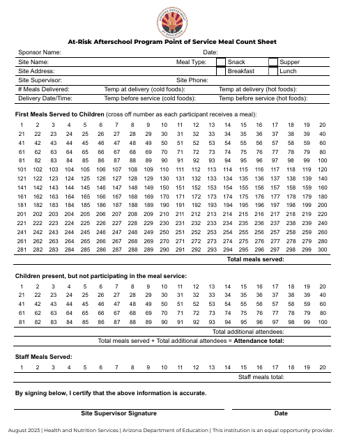 At-Risk Afterschool Program Point of Service Meal Count Sheet - Arizona Download Pdf