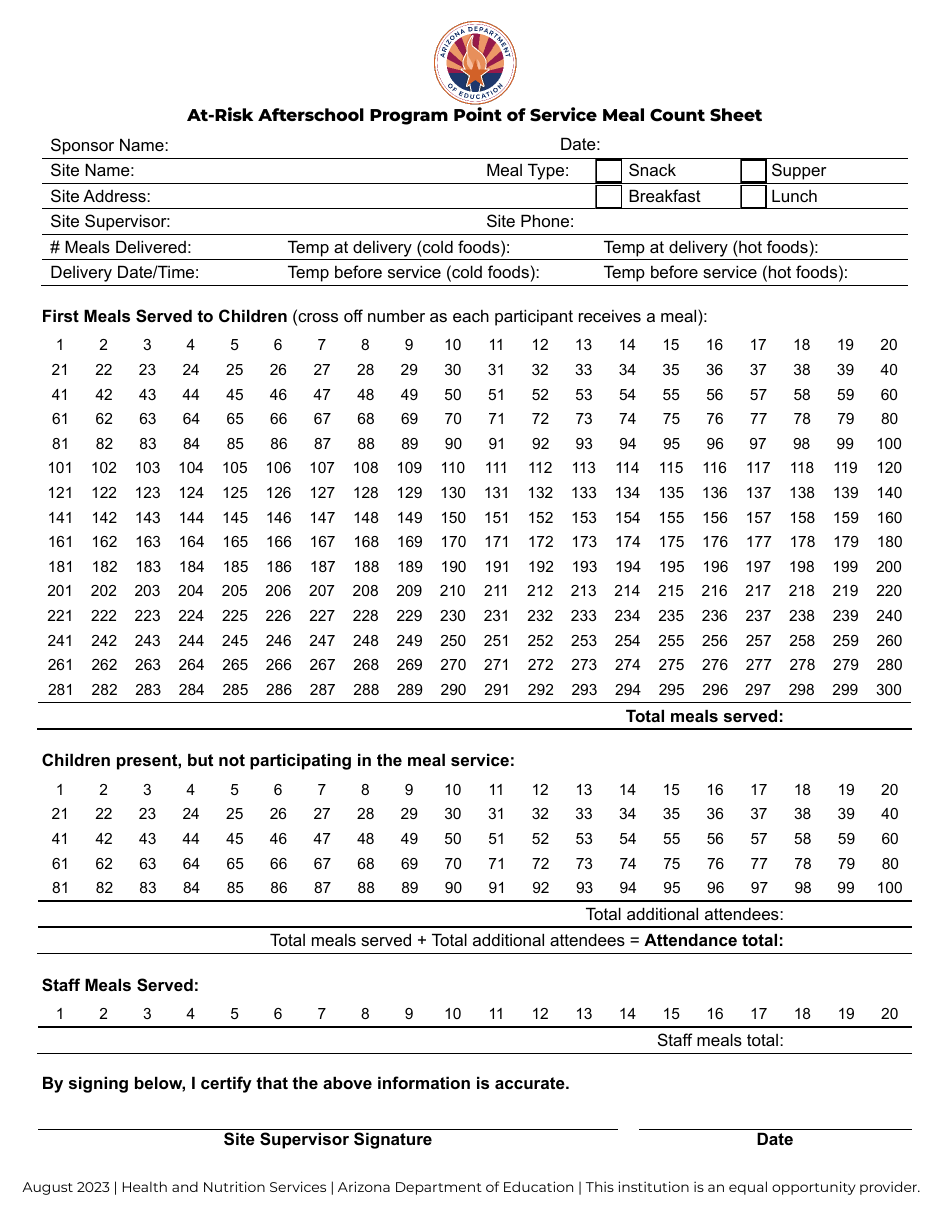 At-Risk Afterschool Program Point of Service Meal Count Sheet - Arizona, Page 1