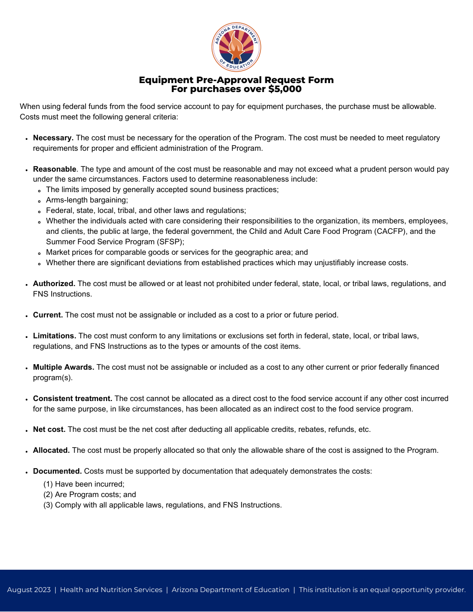 Equipment Pre-approval Request Form for Purchases Over $5,000 - Arizona, Page 1
