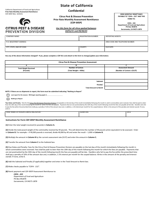 Form CDF-005P Citrus Pest & Disease Prevention Prior Rate Monthly Assessment Remittance - California