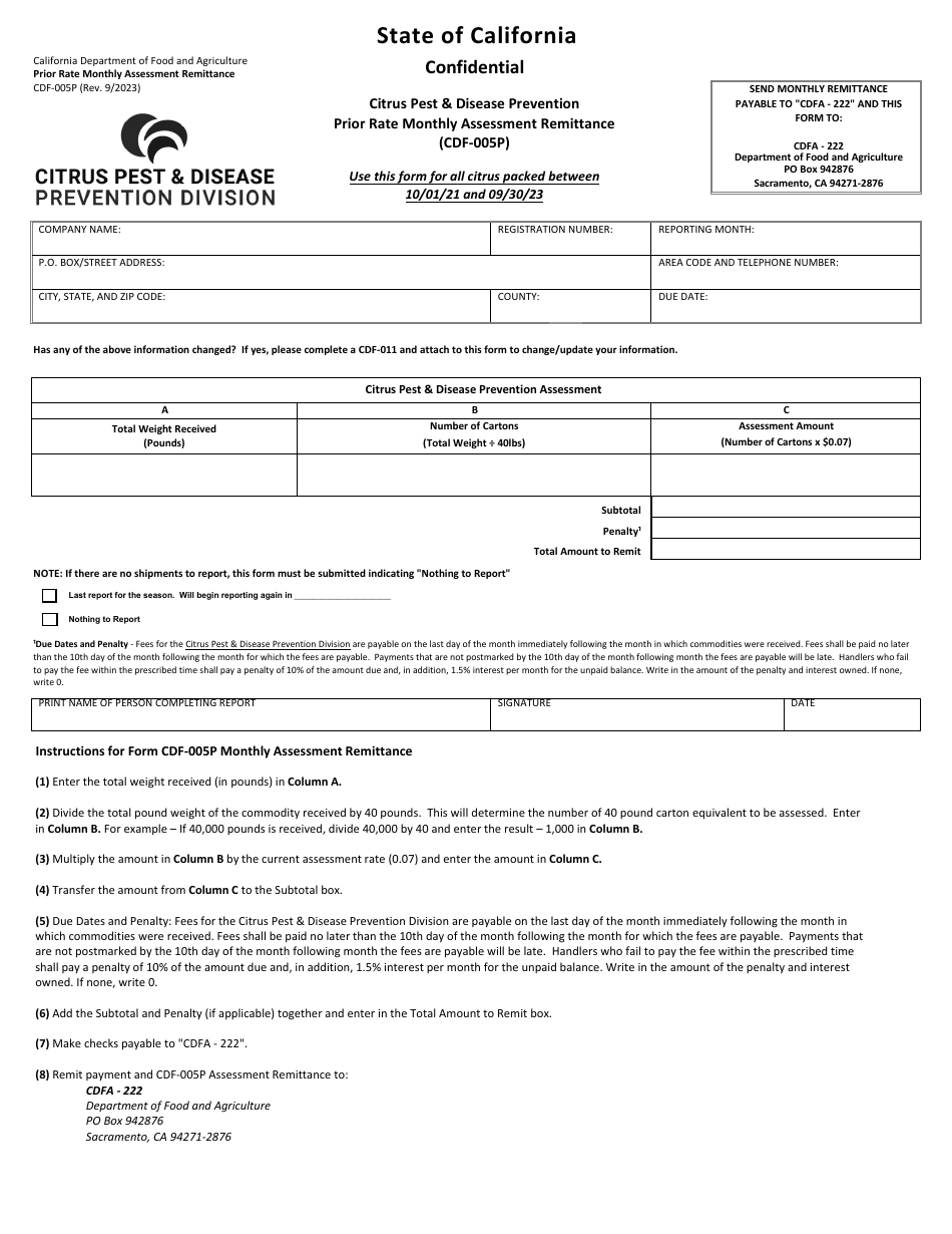 Form CDF-005P Citrus Pest  Disease Prevention Prior Rate Monthly Assessment Remittance - California, Page 1