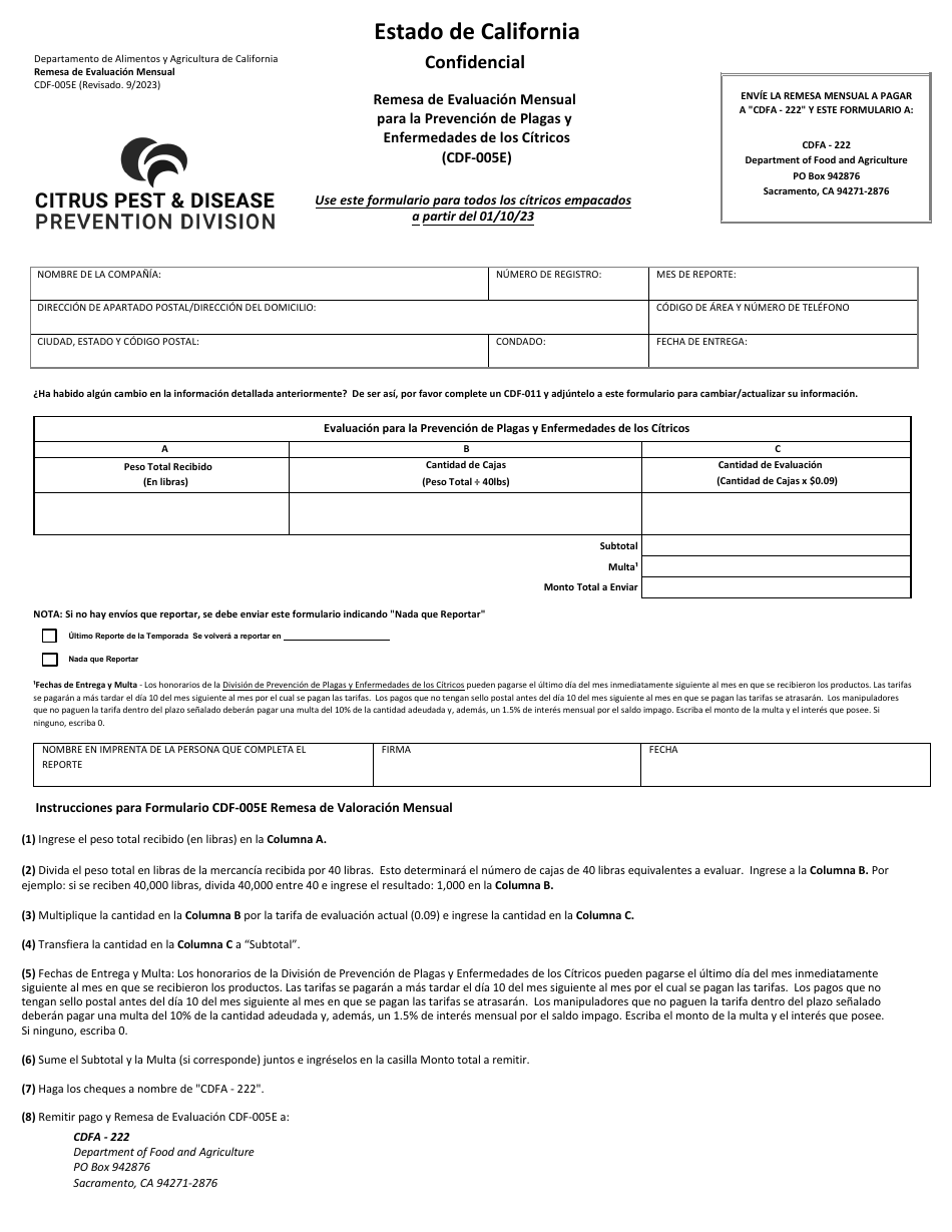 Formulario CDF-005E Remesa De Evaluacion Mensual Para La Prevencion De Plagas Y Enfermedades De Los Citricos - California (Spanish), Page 1