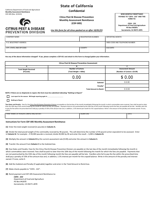 Form CDF-005 Citrus Pest & Disease Prevention Monthly Assessment Remittance - California