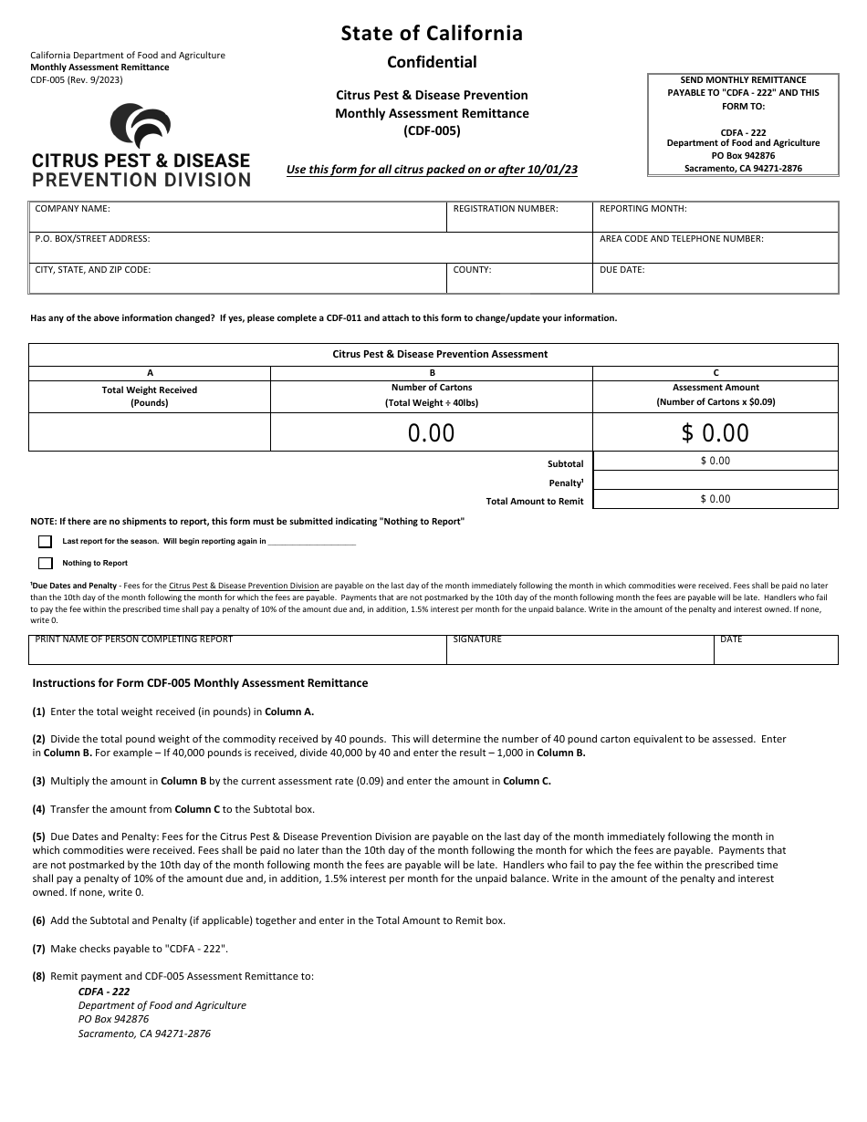 Form CDF-005 Citrus Pest  Disease Prevention Monthly Assessment Remittance - California, Page 1