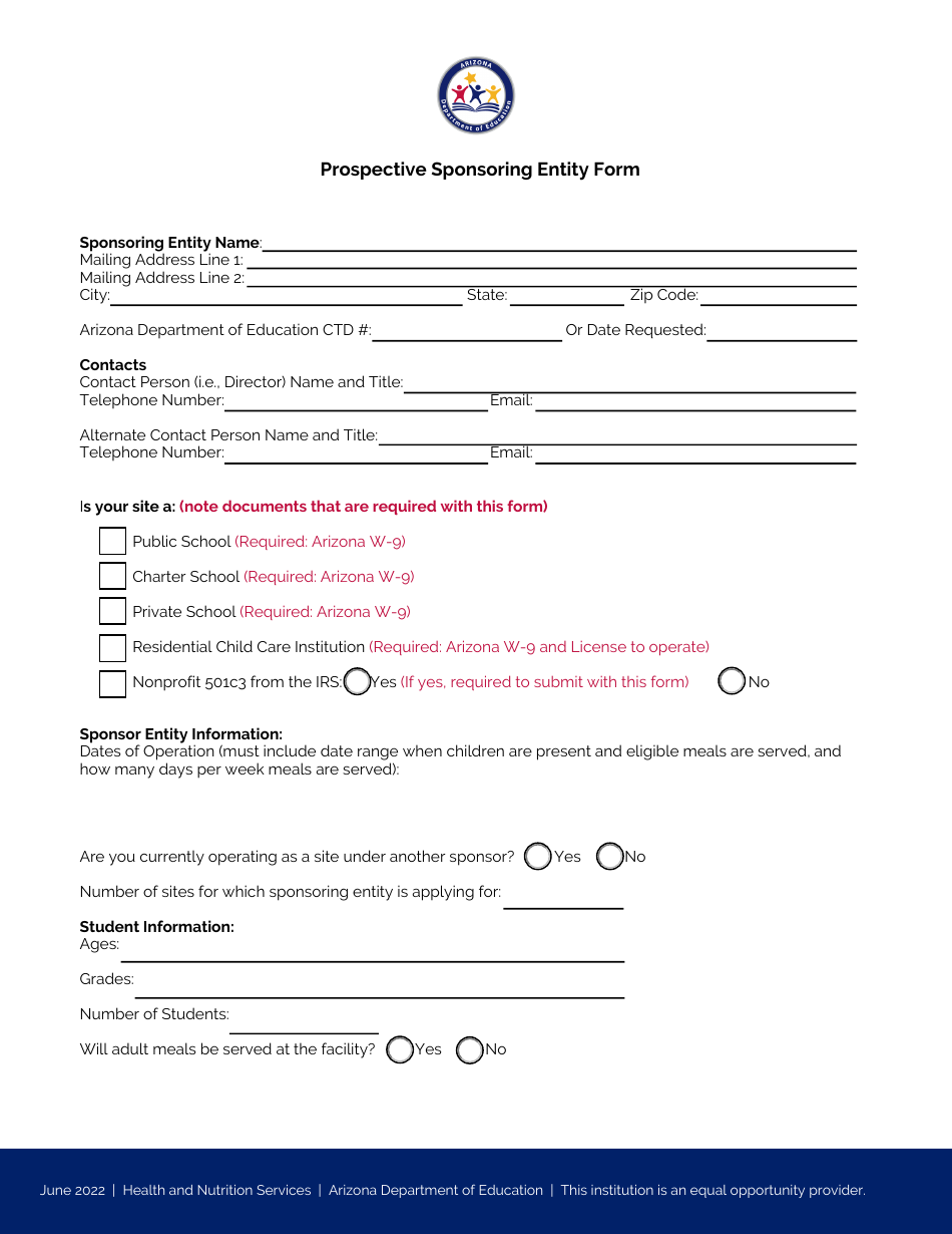 Prospective Sponsoring Entity Form - Arizona, Page 1