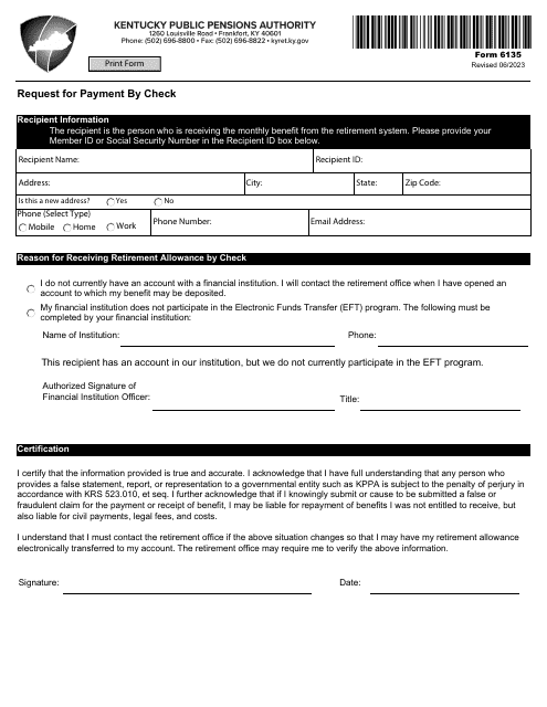 Form 6135 Request for Payment by Check - Kentucky