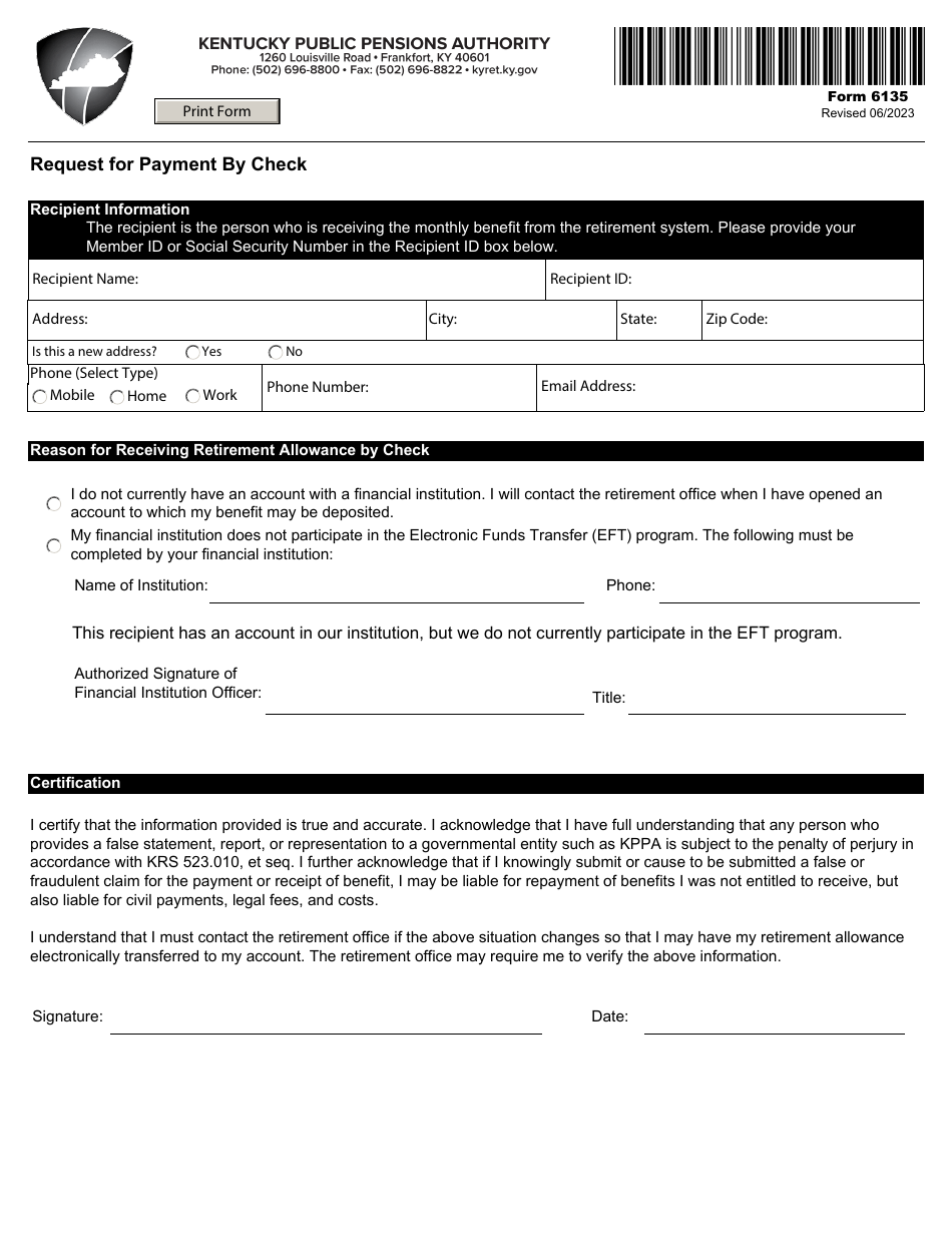 Form 6135 Request for Payment by Check - Kentucky, Page 1