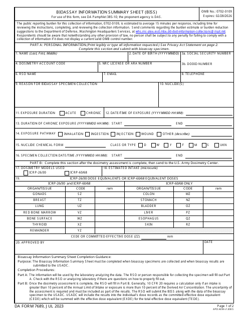 DA Form 7689  Printable Pdf