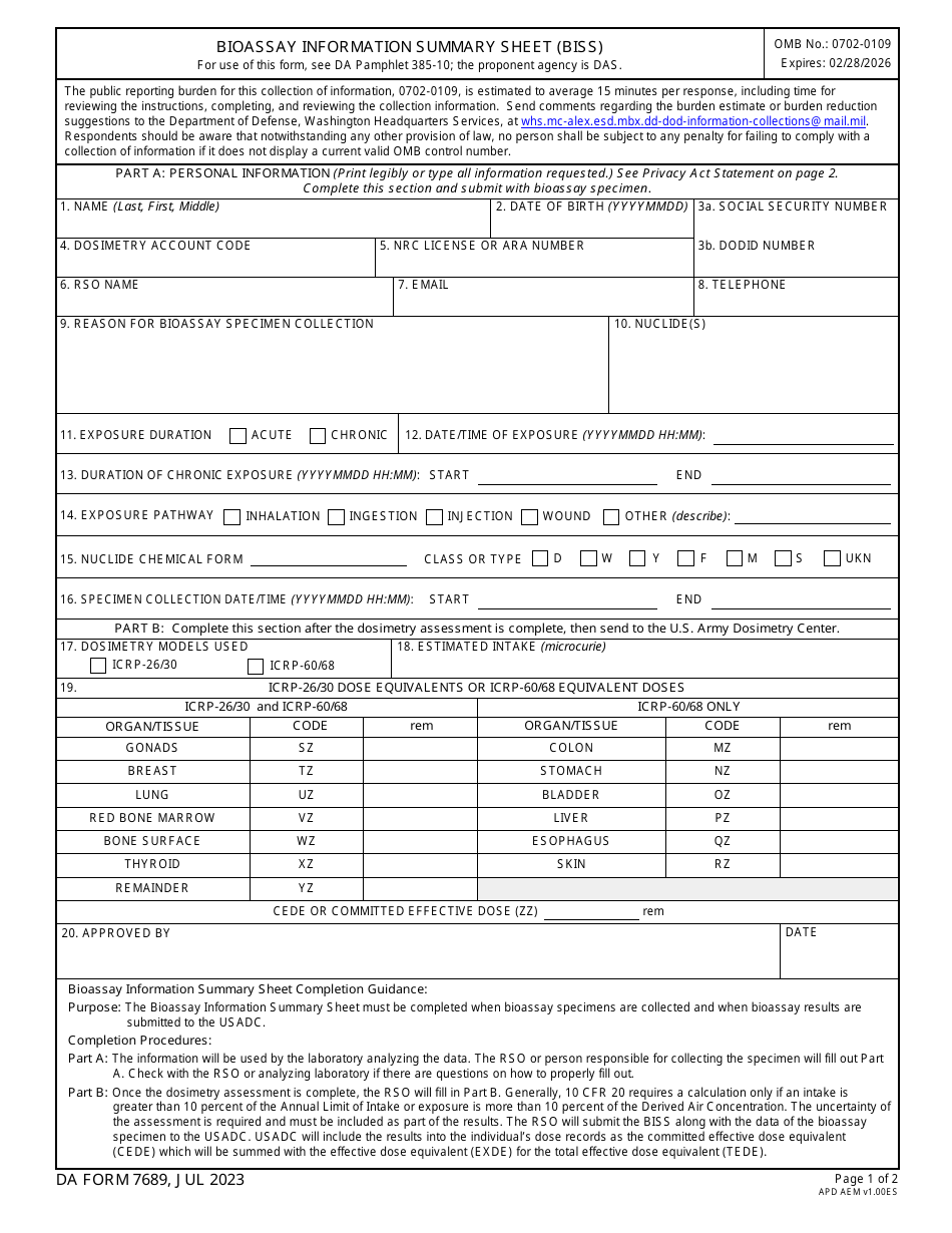 DA Form 7689 Bioassay Information Summary Sheet (Biss), Page 1