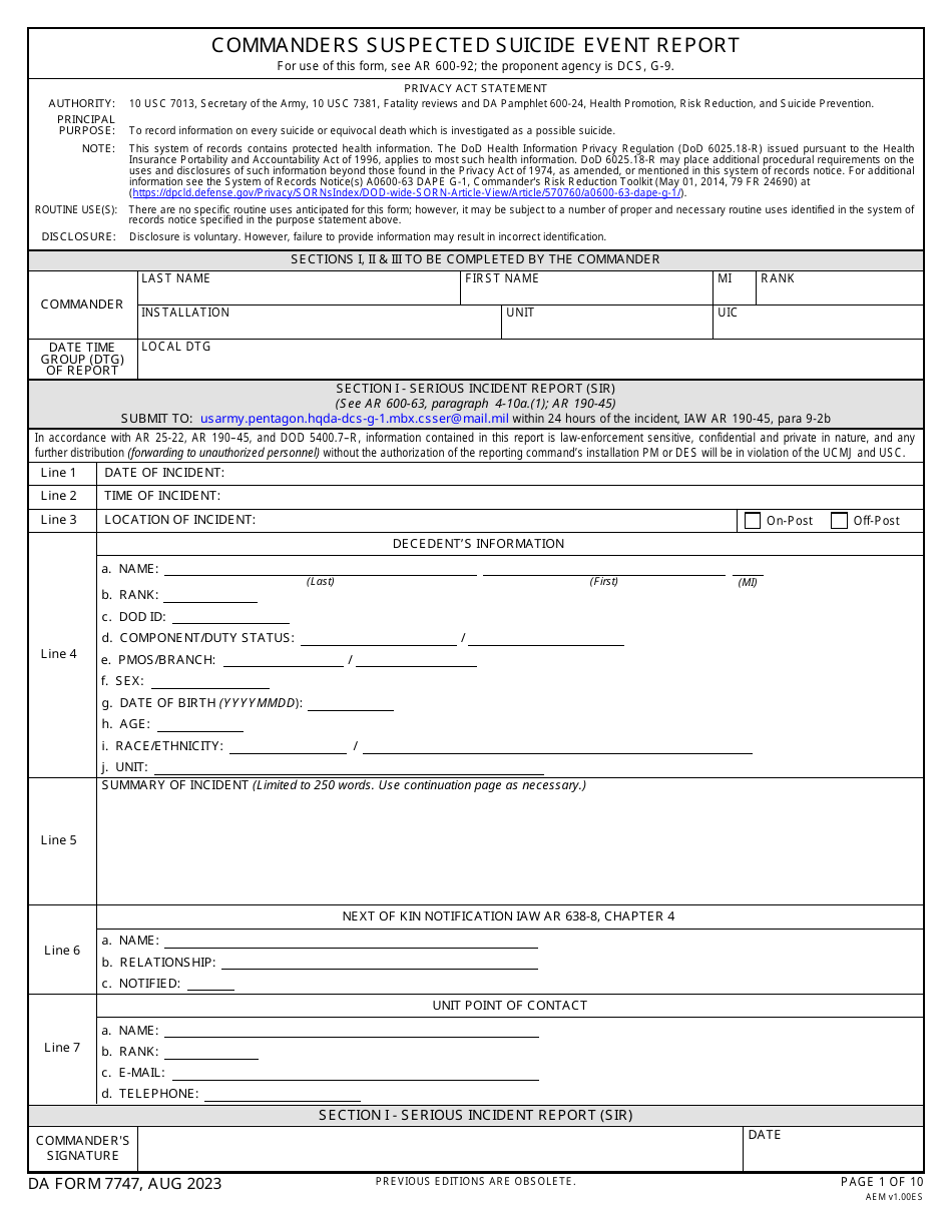 DA Form 7747 Download Fillable PDF or Fill Online Commanders Suspected ...