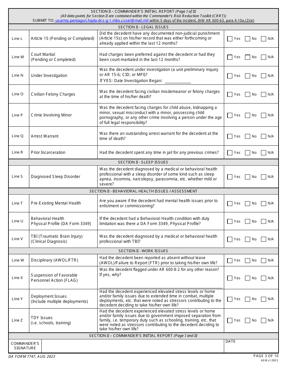 DA Form 7747 Commanders Suspected Suicide Event Report, Page 3