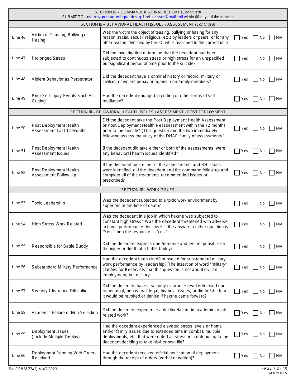 DA Form 7747 Commanders Suspected Suicide Event Report, Page 7