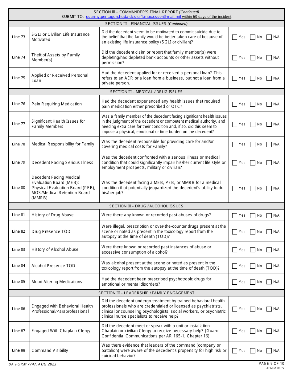 DA Form 7747 Commanders Suspected Suicide Event Report, Page 9