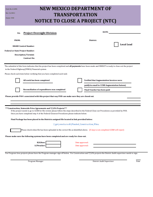 Form A-1091 Notice to Close a Project (Ntc) - New Mexico