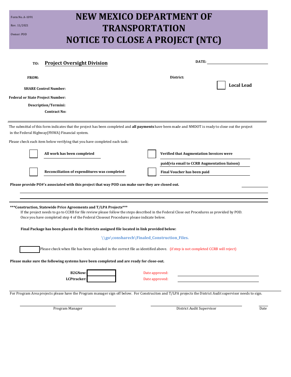 Form A-1091 Notice to Close a Project (Ntc) - New Mexico, Page 1