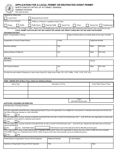 Form SFN9338 Application for a Local Permit or Restricted Event Permit - North Dakota