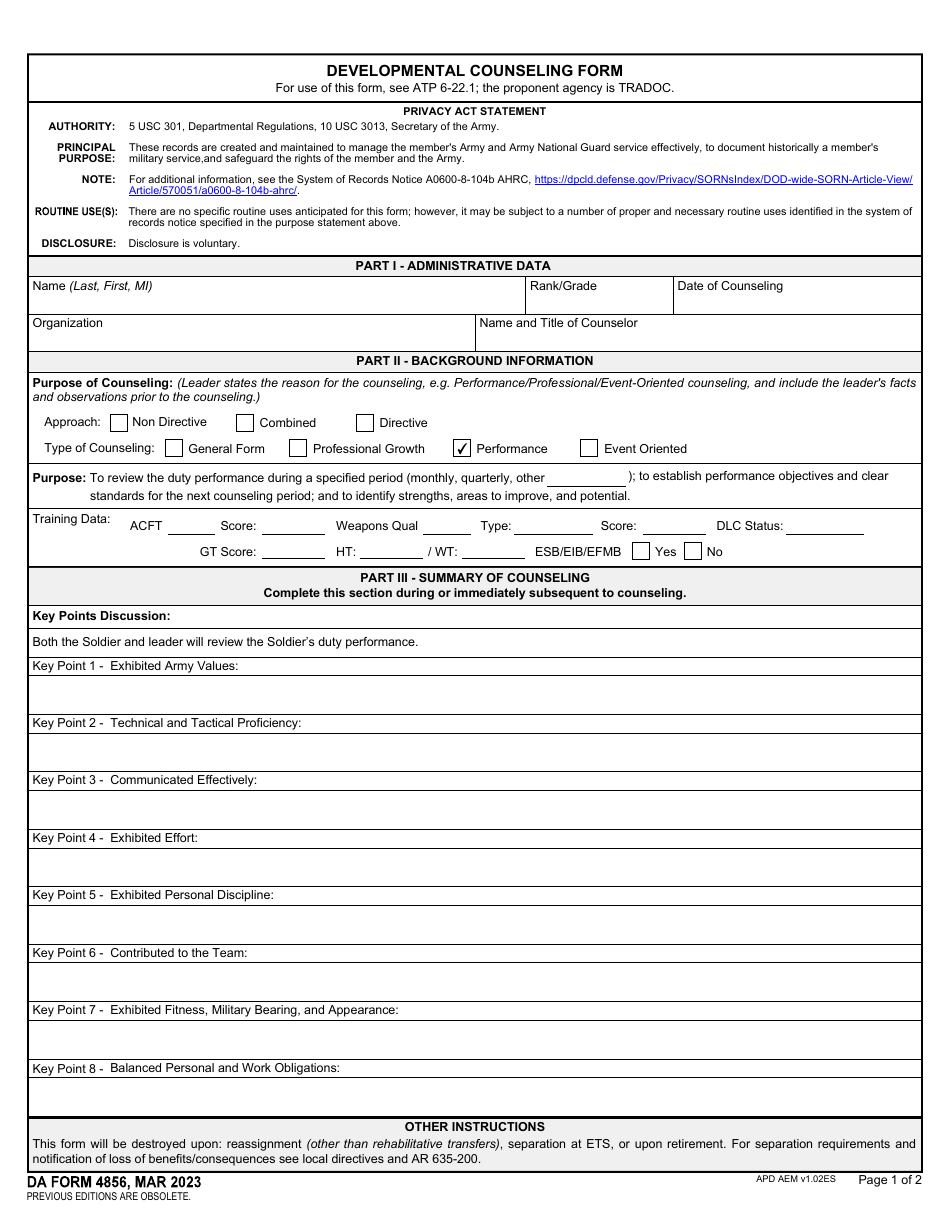 DA Form 4856 Download Fillable PDF or Fill Online Developmental ...