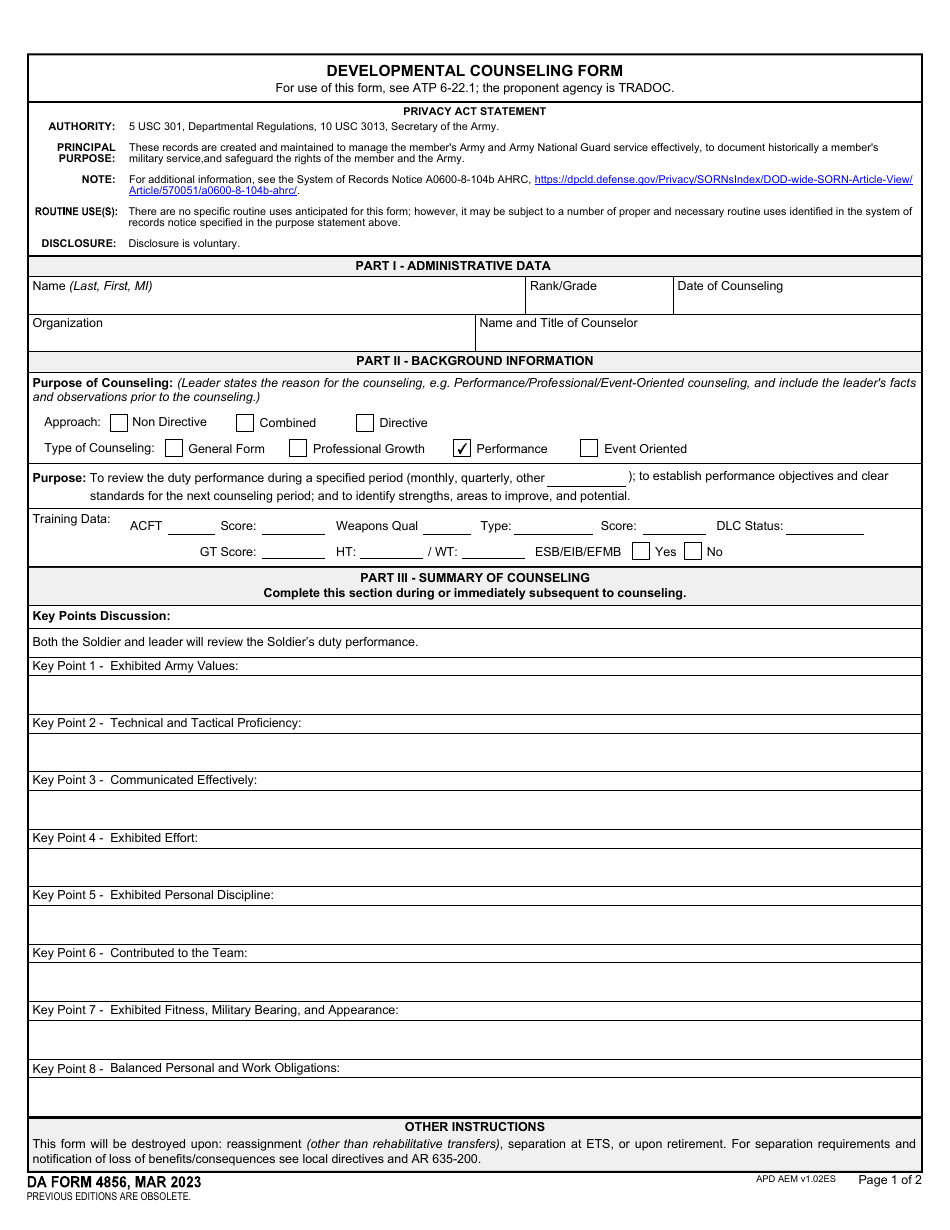 DA Form 4856 Developmental Counseling Form, Page 1