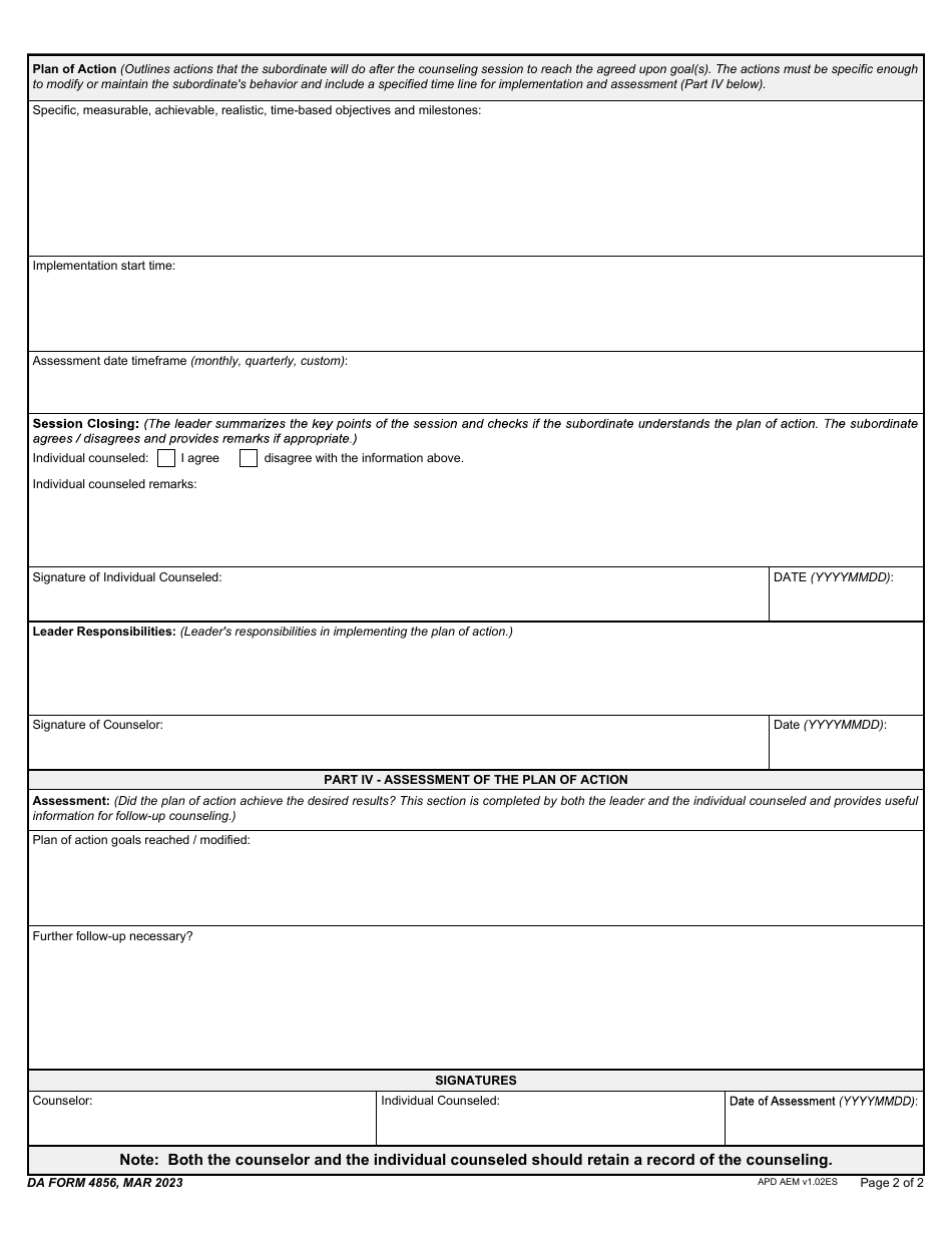 DA Form 4856 Developmental Counseling Form, Page 2
