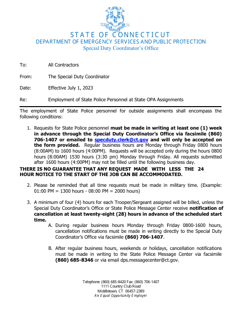 Form DPS-693-C-3 Request and Cancellation Form for State Police Traffic Services - Connecticut, 2024