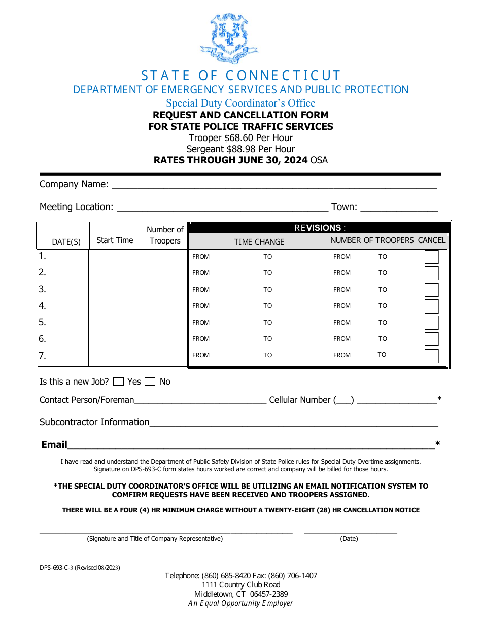 Form DPS-693-C-3 Request and Cancellation Form for State Police Traffic Services - Connecticut, Page 3