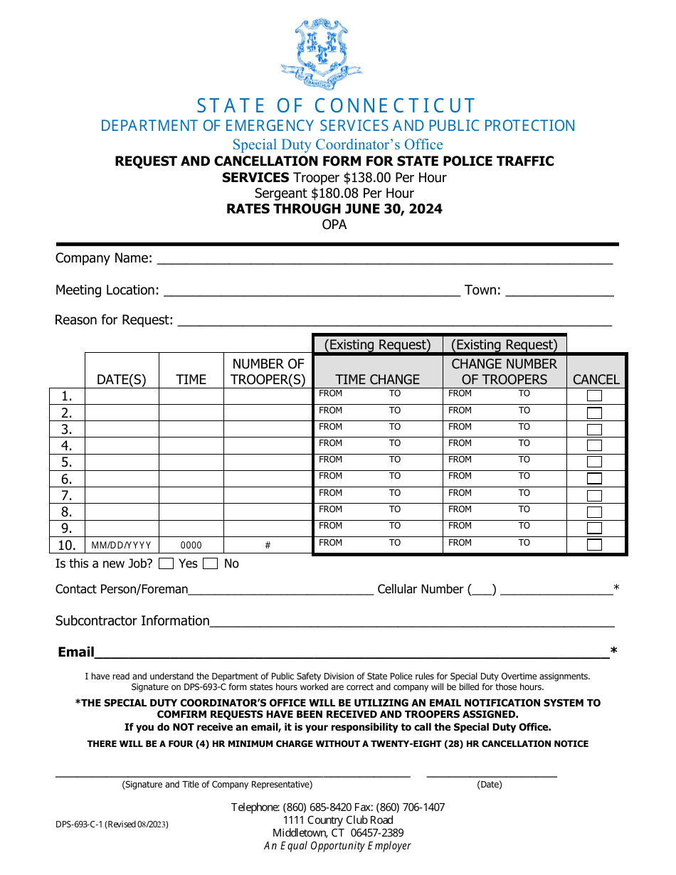 Form DPS-693-C-1 Request and Cancellation Form for State Police Traffic Services - Other Project Assignment - Connecticut, Page 3