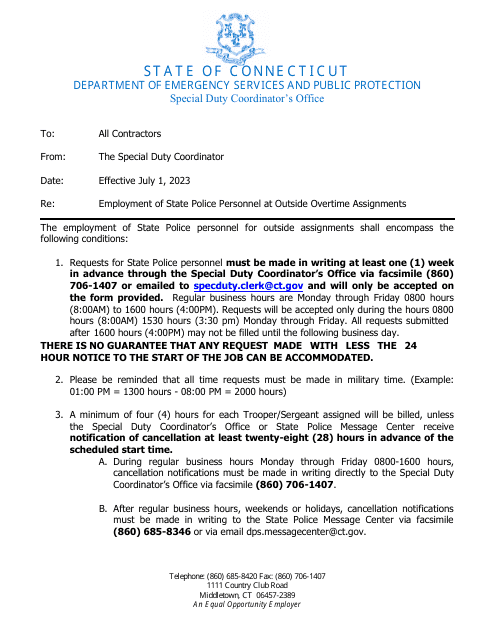 Form DPS-691-C-1 Request and Cancellation Form for State Police Traffic Services - Highway Construction Project - Connecticut, 2024