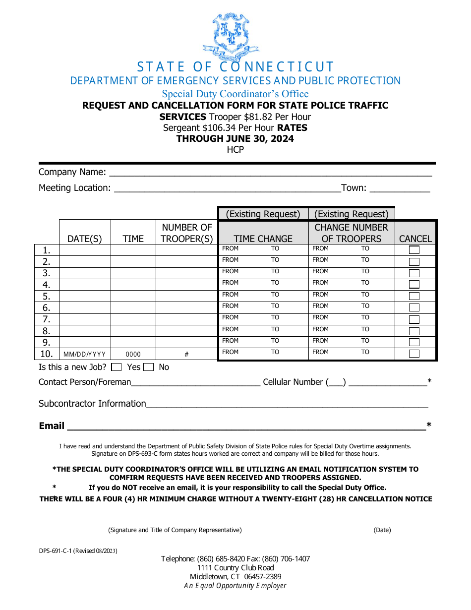 Form DPS-691-C-1 Request and Cancellation Form for State Police Traffic Services - Highway Construction Project - Connecticut, Page 3