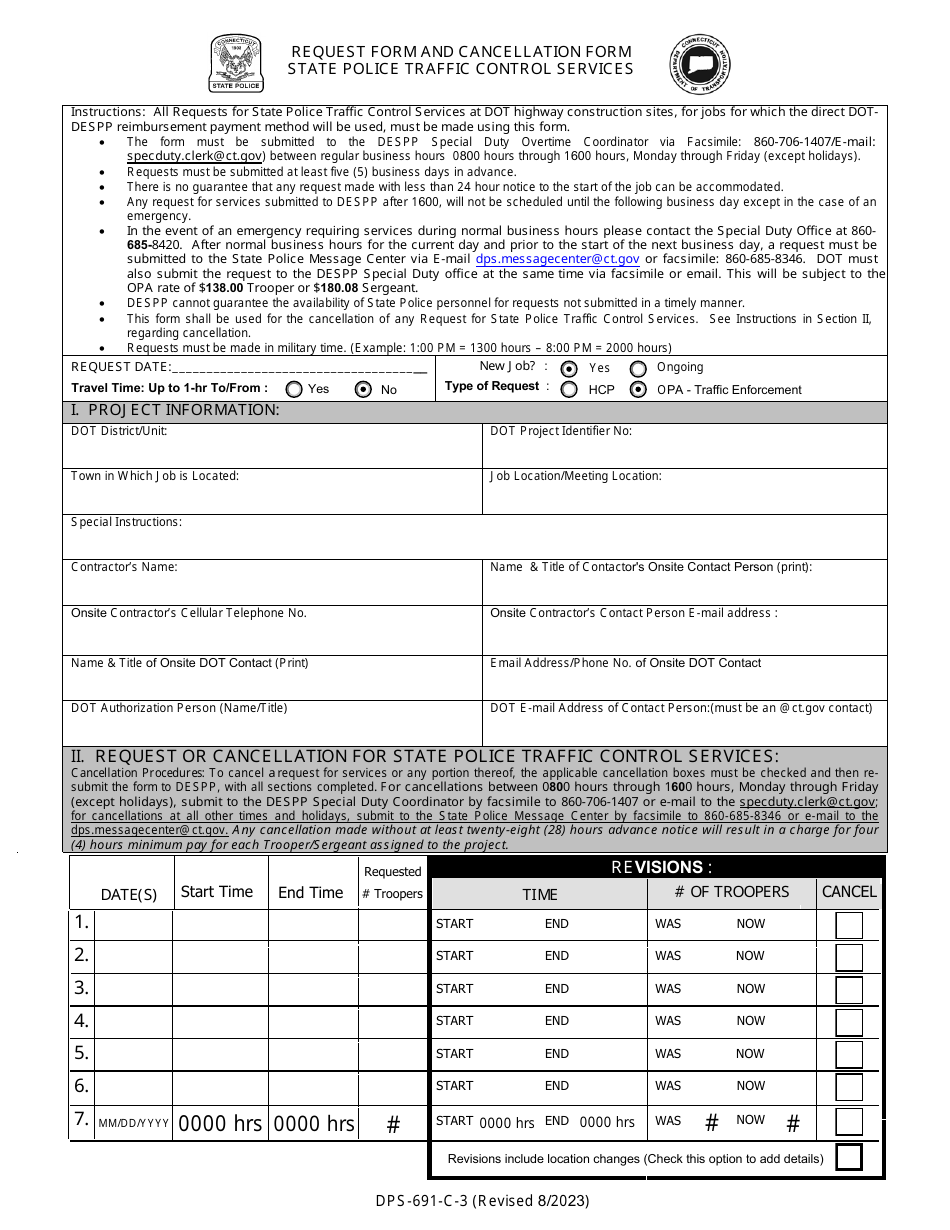 Form DPS-691-C-3 Request Form and Cancellation Form - Connecticut, Page 1